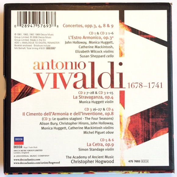 Antonio Vivaldi Concertos opp. 3 4 8 & 9 -- 6 CD set 2006 028947576938 IMPORT - Picture 6 of 6